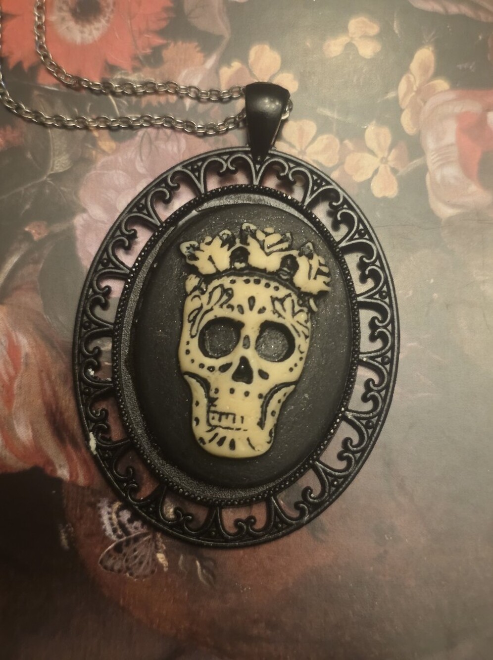 Black & Ivory Skull W Roses Cameo W Black Frame & Stainless Steel Chain Necklace
